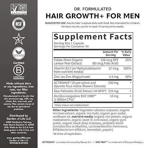 Garden of Life Dr. Formulated Men's Hair Growth Capsules – Saw Palmetto, Black Rice & Prickly Pear – Men's Hair Supplement, Non-GMO, Gluten-Free, 30 Capsules - Image 5