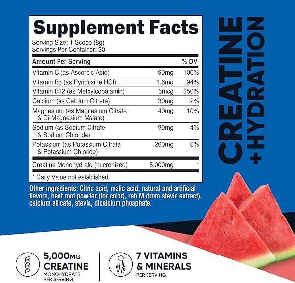 Nutricost Creatine Monohydrate + Hydration Watermelon Flavored (30 Servings) - 7 Vitamins & Minerals, 5000mg of Creatine Per Serving - Image 3