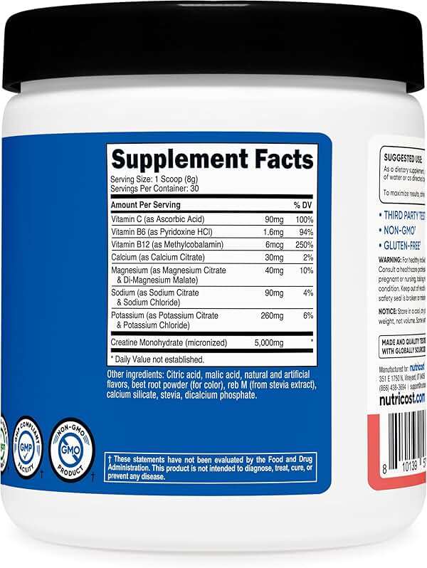 Nutricost Creatine Monohydrate + Hydration Watermelon Flavored (30 Servings) - 7 Vitamins & Minerals, 5000mg of Creatine Per Serving - Image 6