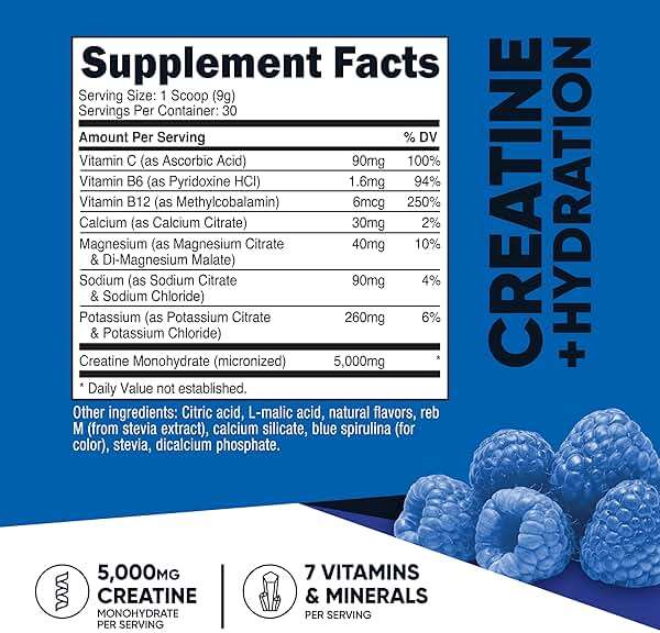Nutricost Creatine Monohydrate + Hydration Blue Raspberry Flavored (30 Servings) - 7 Vitamins & Minerals, 5000mg of Creatine Per Serving - Image 2