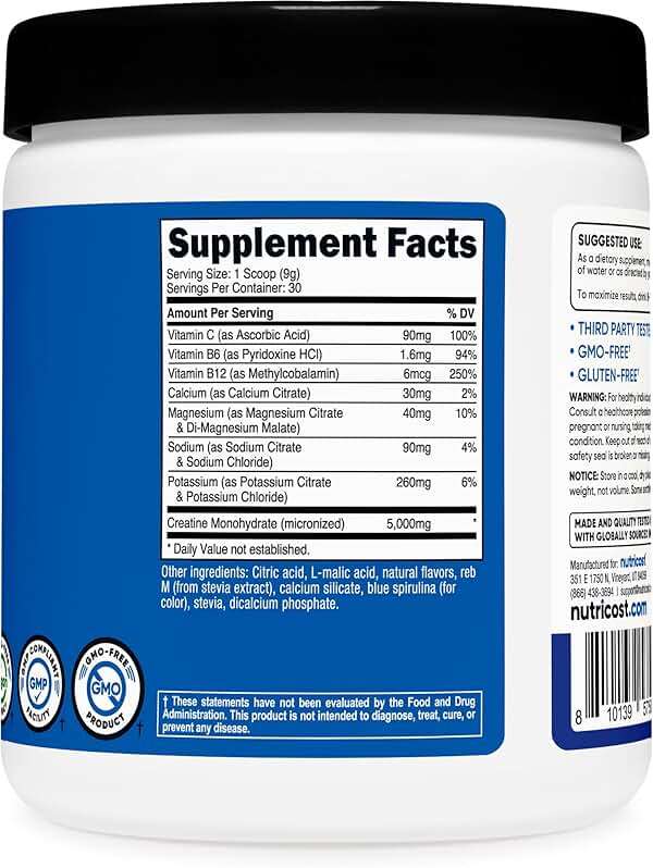 Nutricost Creatine Monohydrate + Hydration Blue Raspberry Flavored (30 Servings) - 7 Vitamins & Minerals, 5000mg of Creatine Per Serving - Image 5