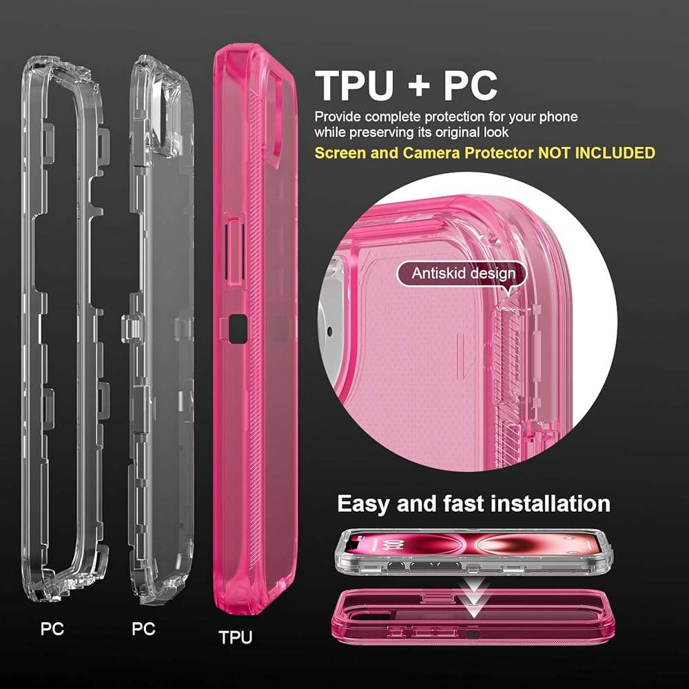 Follaroma for iPhone 17e/iPhone 16e Case, Heavy Duty Shockproof Protection Phone Cases, Anti-Drop, Dual Layer Transparent Protective Cover Compatible with iPhone 17e/iPhone 16e, 6.1'', Crystal Pink - Image 3