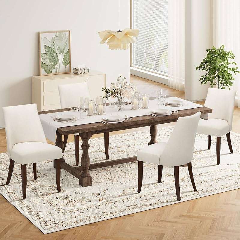 COLAMY Upholstered Dining Chairs Set of 4, Mid Century Modern Kitchen Chairs with Back, Farmhouse Fabric Side Dining Room Chairs with Wood Legs for Dining Room Restaurant, Beige - Image 3