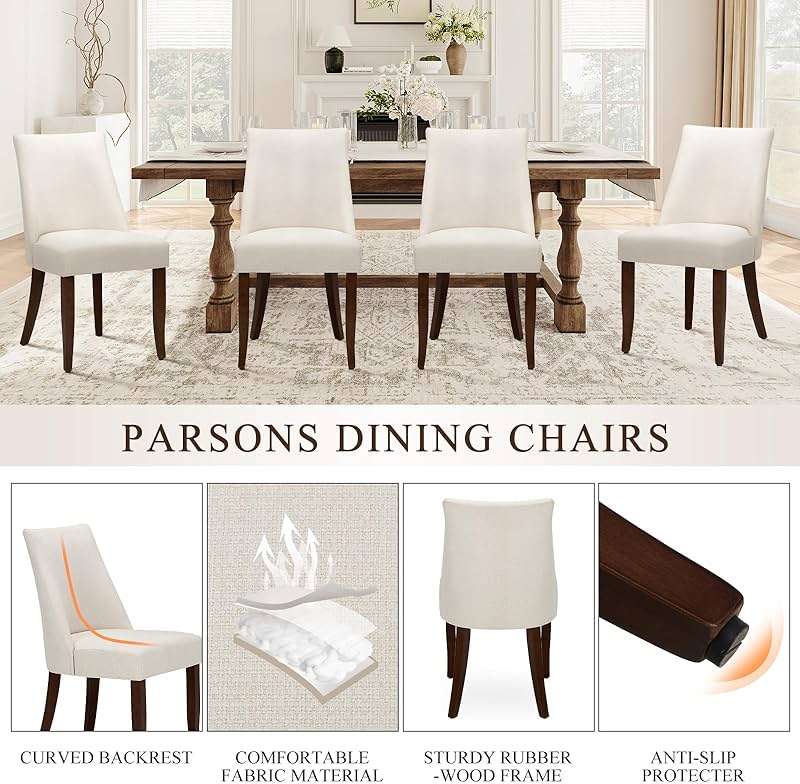 COLAMY Upholstered Dining Chairs Set of 4, Mid Century Modern Kitchen Chairs with Back, Farmhouse Fabric Side Dining Room Chairs with Wood Legs for Dining Room Restaurant, Beige - Image 6