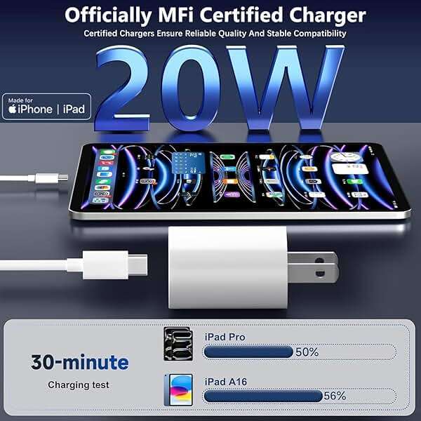 20W USB C Fast Charger MFi Certified for iPad A16/10th Generation, iPad Pro 13/12.9/11 inch 6th/5th/4th/3rd, iPad Air 13/11 inch/4th/5th, iPad Mini, PD Fast Charger with 6.6ft USB C to C Charging Cord - Image 2