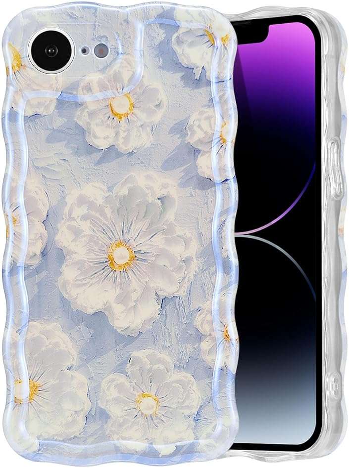 EYZUTAK Case for iPhone 17e/iPhone 16e, Colorful Retro Oil Painting Flower Laser Glossy Pattern Cute Curly Wave Edge Exquisite Phone Cover Stylish Durable TPU Protective Case for Girl Women-Light Blue - Image 1