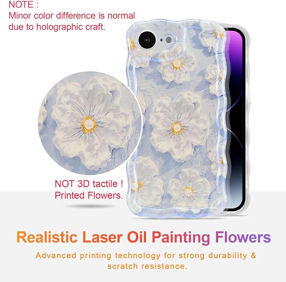 EYZUTAK Case for iPhone 17e/iPhone 16e, Colorful Retro Oil Painting Flower Laser Glossy Pattern Cute Curly Wave Edge Exquisite Phone Cover Stylish Durable TPU Protective Case for Girl Women-Light Blue - Image 2