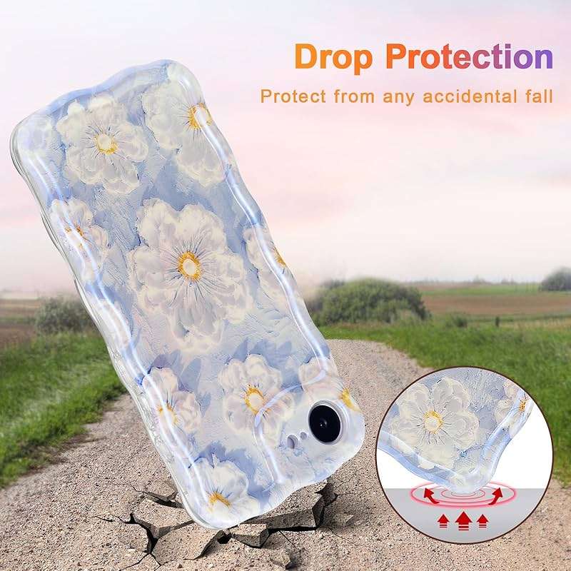 EYZUTAK Case for iPhone 17e/iPhone 16e, Colorful Retro Oil Painting Flower Laser Glossy Pattern Cute Curly Wave Edge Exquisite Phone Cover Stylish Durable TPU Protective Case for Girl Women-Light Blue - Image 3