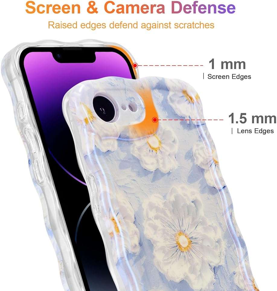 EYZUTAK Case for iPhone 17e/iPhone 16e, Colorful Retro Oil Painting Flower Laser Glossy Pattern Cute Curly Wave Edge Exquisite Phone Cover Stylish Durable TPU Protective Case for Girl Women-Light Blue - Image 4
