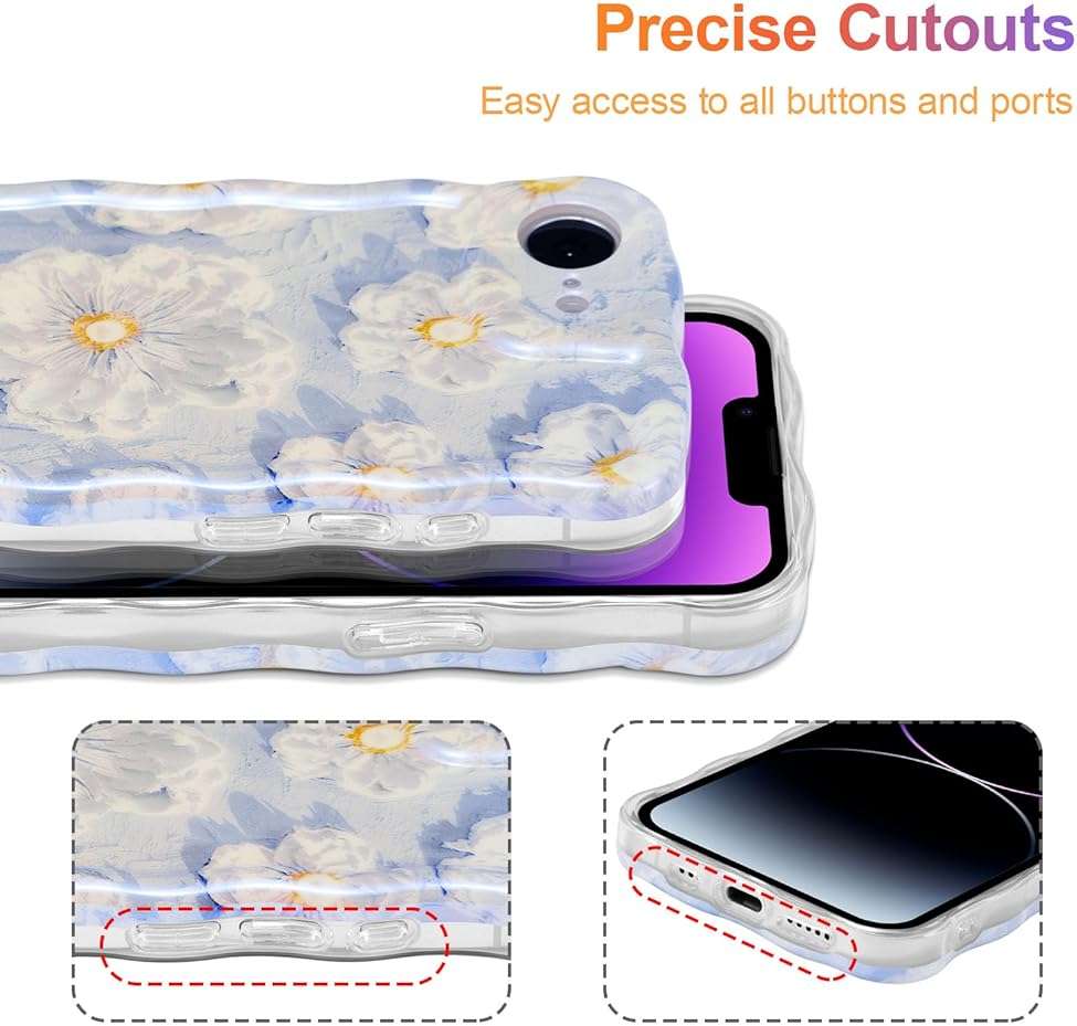 EYZUTAK Case for iPhone 17e/iPhone 16e, Colorful Retro Oil Painting Flower Laser Glossy Pattern Cute Curly Wave Edge Exquisite Phone Cover Stylish Durable TPU Protective Case for Girl Women-Light Blue - Image 5