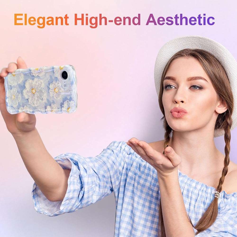 EYZUTAK Case for iPhone 17e/iPhone 16e, Colorful Retro Oil Painting Flower Laser Glossy Pattern Cute Curly Wave Edge Exquisite Phone Cover Stylish Durable TPU Protective Case for Girl Women-Light Blue - Image 7