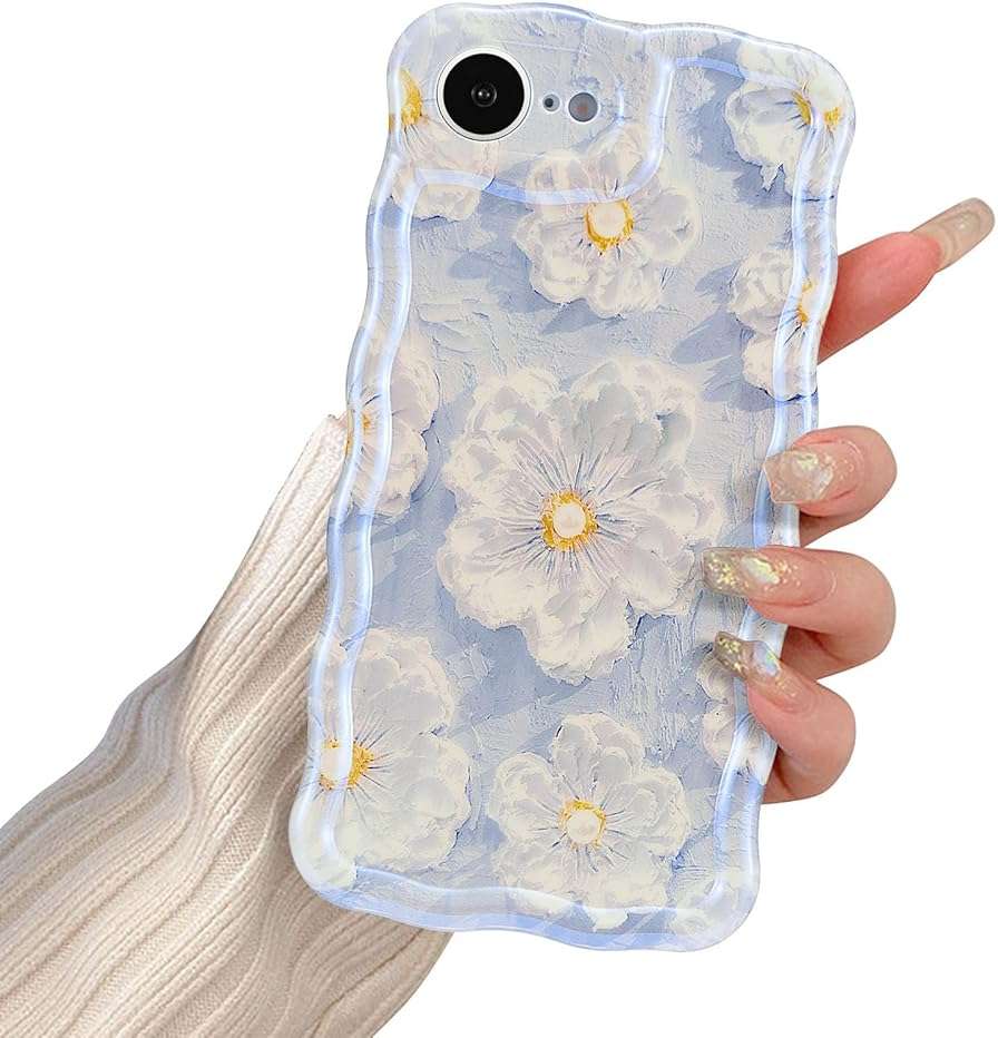 EYZUTAK Case for iPhone 17e/iPhone 16e, Colorful Retro Oil Painting Flower Laser Glossy Pattern Cute Curly Wave Edge Exquisite Phone Cover Stylish Durable TPU Protective Case for Girl Women-Light Blue - Image 9