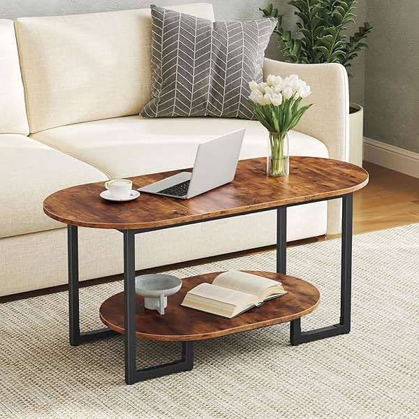 HOOBRO Coffee Table for Living Room, Oval Small Coffee Table with 2-Tier Open Storage Shelf, Industrial Cocktail Tea Table, Wooden Desktop Center Table, Farmhouse, Home Office, Rustic Brown BF09KF01 - Image 1