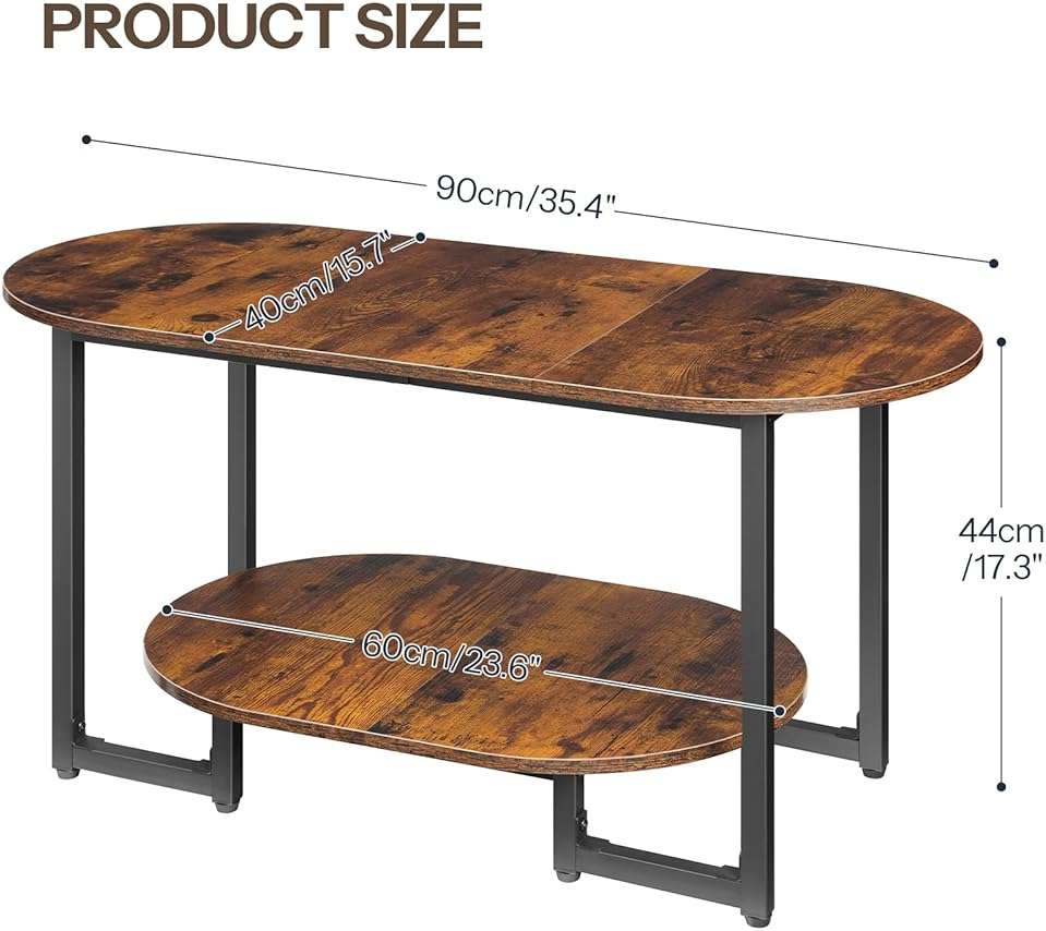 HOOBRO Coffee Table for Living Room, Oval Small Coffee Table with 2-Tier Open Storage Shelf, Industrial Cocktail Tea Table, Wooden Desktop Center Table, Farmhouse, Home Office, Rustic Brown BF09KF01 - Image 2
