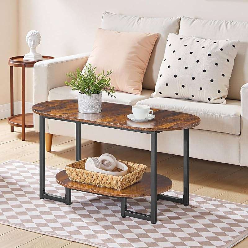 HOOBRO Coffee Table for Living Room, Oval Small Coffee Table with 2-Tier Open Storage Shelf, Industrial Cocktail Tea Table, Wooden Desktop Center Table, Farmhouse, Home Office, Rustic Brown BF09KF01 - Image 3