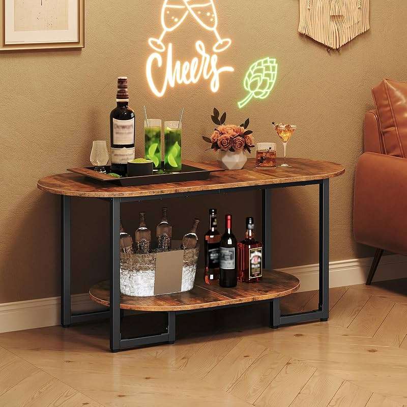 HOOBRO Coffee Table for Living Room, Oval Small Coffee Table with 2-Tier Open Storage Shelf, Industrial Cocktail Tea Table, Wooden Desktop Center Table, Farmhouse, Home Office, Rustic Brown BF09KF01 - Image 4