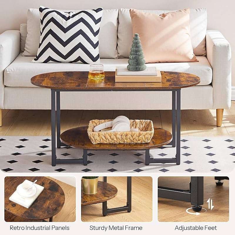 HOOBRO Coffee Table for Living Room, Oval Small Coffee Table with 2-Tier Open Storage Shelf, Industrial Cocktail Tea Table, Wooden Desktop Center Table, Farmhouse, Home Office, Rustic Brown BF09KF01 - Image 7