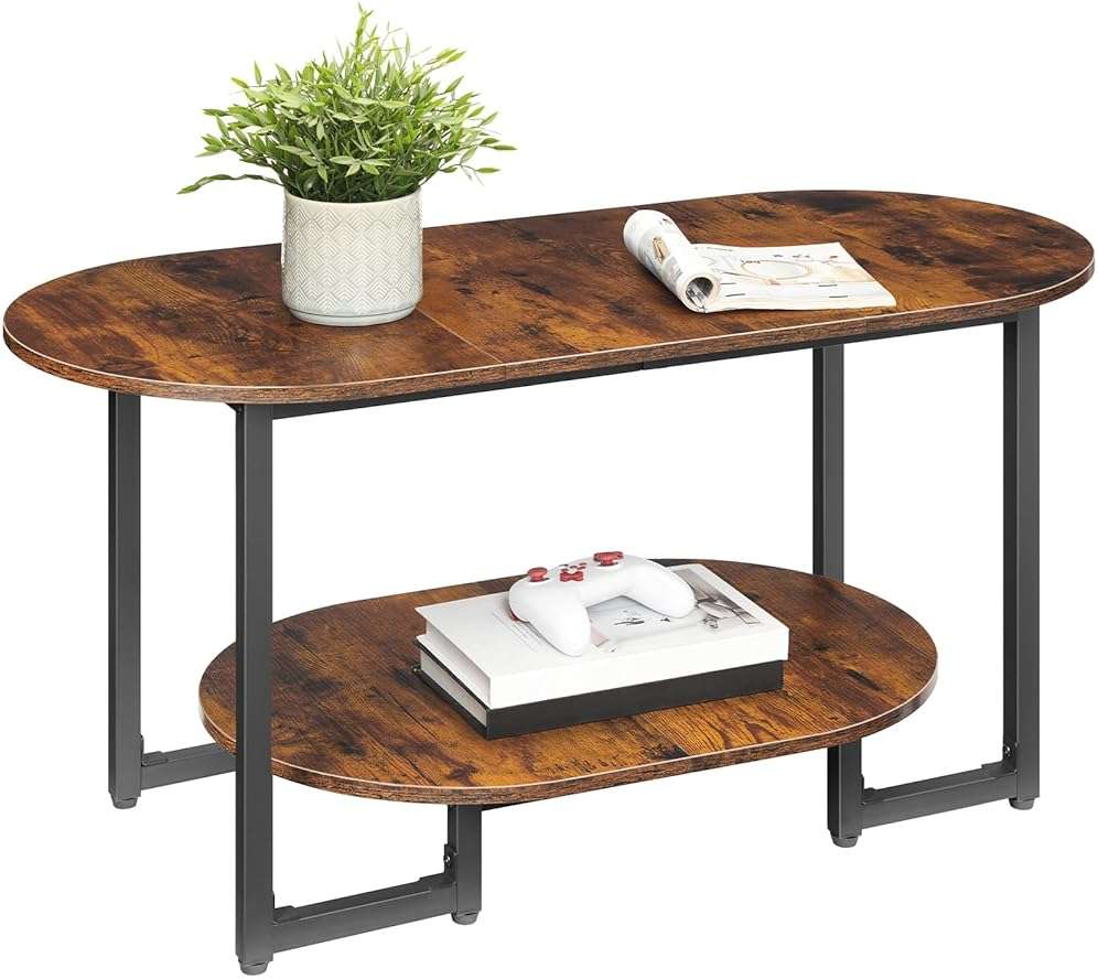 HOOBRO Coffee Table for Living Room, Oval Small Coffee Table with 2-Tier Open Storage Shelf, Industrial Cocktail Tea Table, Wooden Desktop Center Table, Farmhouse, Home Office, Rustic Brown BF09KF01 - Image 8