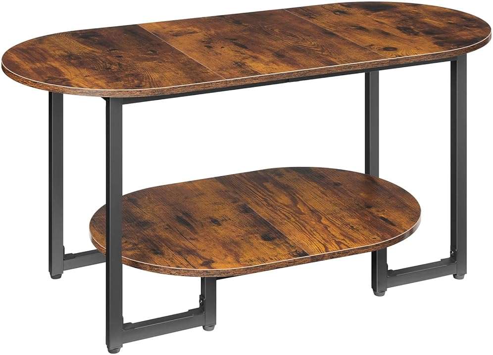 HOOBRO Coffee Table for Living Room, Oval Small Coffee Table with 2-Tier Open Storage Shelf, Industrial Cocktail Tea Table, Wooden Desktop Center Table, Farmhouse, Home Office, Rustic Brown BF09KF01 - Image 9
