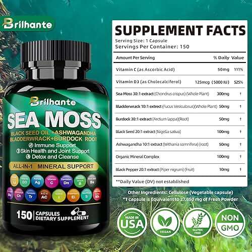 Irish sea moss capsules,organic sea moss supplement for energy and fatigue,seamoss black seed oil ashwagandha burdock root organic Mineral Complex for Gut health, skin, and joints - 150 Count - Image 7