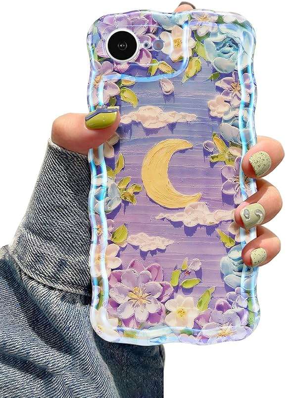 EYZUTAK Case for iPhone 17e/iPhone 16e, Colorful Retro Oil Painting Flower Moon Pattern Laser Cute Curly Wave Edge Exquisite Phone Cover Stylish Durable TPU Protective Case for Women - Purple White - Image 1