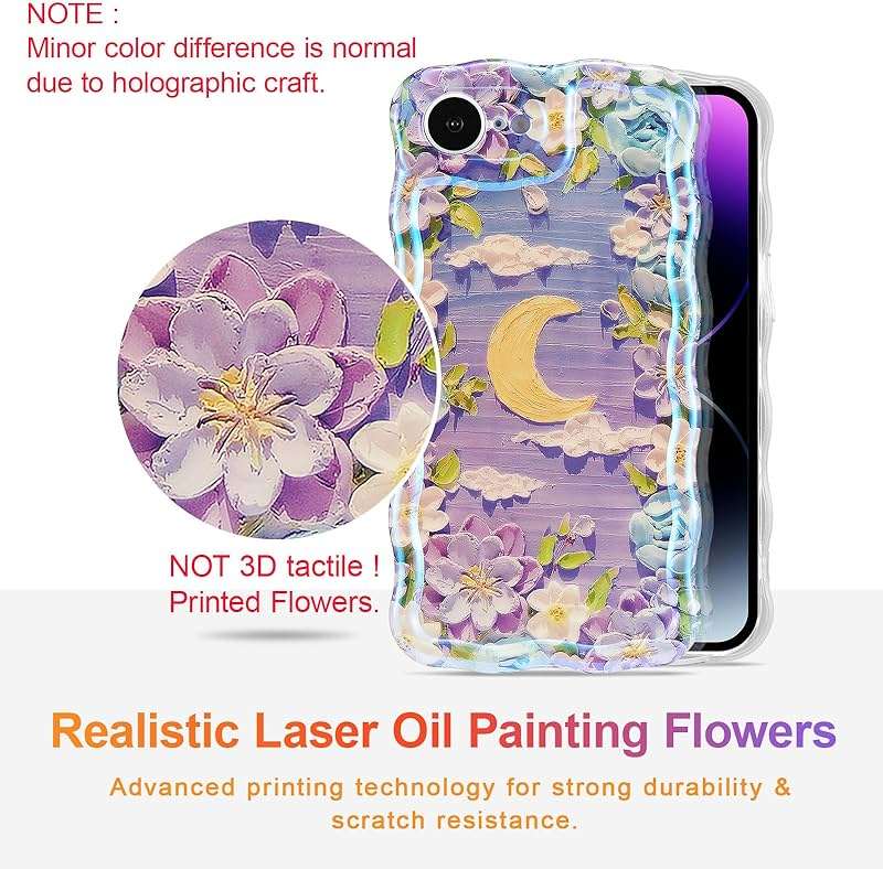 EYZUTAK Case for iPhone 17e/iPhone 16e, Colorful Retro Oil Painting Flower Moon Pattern Laser Cute Curly Wave Edge Exquisite Phone Cover Stylish Durable TPU Protective Case for Women - Purple White - Image 2