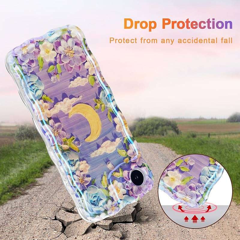 EYZUTAK Case for iPhone 17e/iPhone 16e, Colorful Retro Oil Painting Flower Moon Pattern Laser Cute Curly Wave Edge Exquisite Phone Cover Stylish Durable TPU Protective Case for Women - Purple White - Image 3