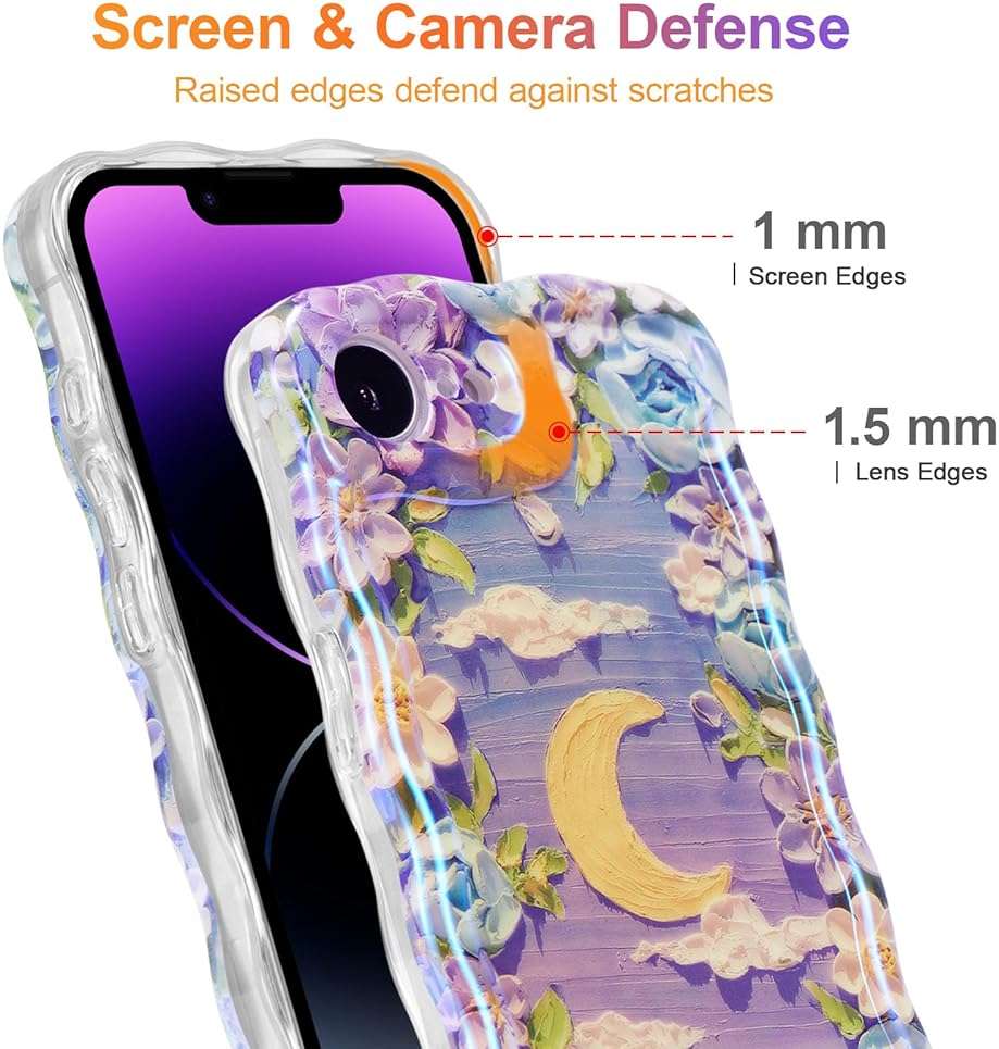 EYZUTAK Case for iPhone 17e/iPhone 16e, Colorful Retro Oil Painting Flower Moon Pattern Laser Cute Curly Wave Edge Exquisite Phone Cover Stylish Durable TPU Protective Case for Women - Purple White - Image 4