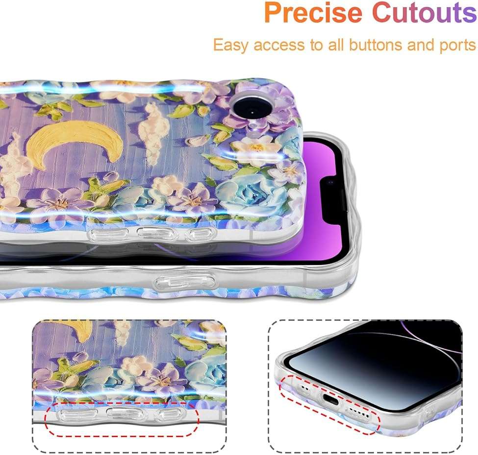 EYZUTAK Case for iPhone 17e/iPhone 16e, Colorful Retro Oil Painting Flower Moon Pattern Laser Cute Curly Wave Edge Exquisite Phone Cover Stylish Durable TPU Protective Case for Women - Purple White - Image 5