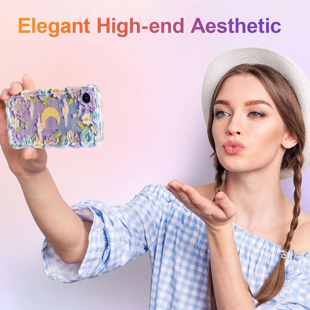 EYZUTAK Case for iPhone 17e/iPhone 16e, Colorful Retro Oil Painting Flower Moon Pattern Laser Cute Curly Wave Edge Exquisite Phone Cover Stylish Durable TPU Protective Case for Women - Purple White - Image 7