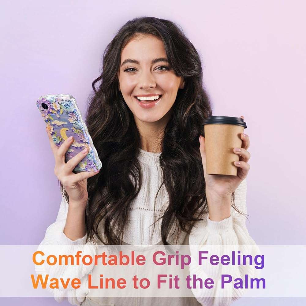 EYZUTAK Case for iPhone 17e/iPhone 16e, Colorful Retro Oil Painting Flower Moon Pattern Laser Cute Curly Wave Edge Exquisite Phone Cover Stylish Durable TPU Protective Case for Women - Purple White - Image 8