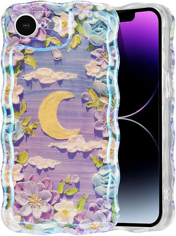 EYZUTAK Case for iPhone 17e/iPhone 16e, Colorful Retro Oil Painting Flower Moon Pattern Laser Cute Curly Wave Edge Exquisite Phone Cover Stylish Durable TPU Protective Case for Women - Purple White - Image 9