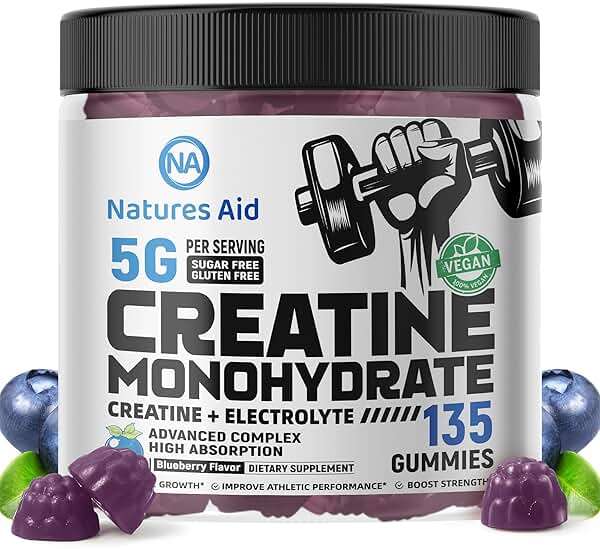 Natures Aid NSF Certified Creatine Gummy 5g - Creatine Monohydrate Gummies – Pre-Workout Energy & Muscle Growth Support for Men & Women | Blueberry Electrolyte Gummies (135 Count) - Image 1