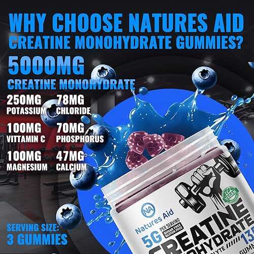 Natures Aid NSF Certified Creatine Gummy 5g - Creatine Monohydrate Gummies – Pre-Workout Energy & Muscle Growth Support for Men & Women | Blueberry Electrolyte Gummies (135 Count) - Image 2