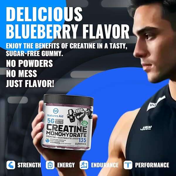 Natures Aid NSF Certified Creatine Gummy 5g - Creatine Monohydrate Gummies – Pre-Workout Energy & Muscle Growth Support for Men & Women | Blueberry Electrolyte Gummies (135 Count) - Image 4