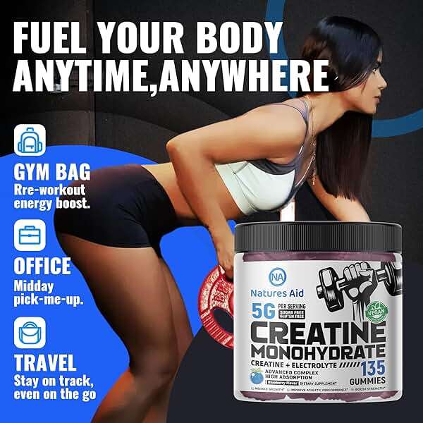 Natures Aid NSF Certified Creatine Gummy 5g - Creatine Monohydrate Gummies – Pre-Workout Energy & Muscle Growth Support for Men & Women | Blueberry Electrolyte Gummies (135 Count) - Image 5