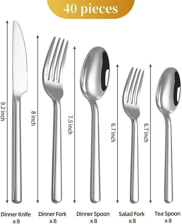 TININA 40-Piece Silverware Set, Heavy-Duty Stainless Steel Flatware Set for 8, Cutlery Set with Modern Round Handle, Mirror Polished Silverware for Home, Wedding, Restaurant, Dishwasher Safe - Image 2