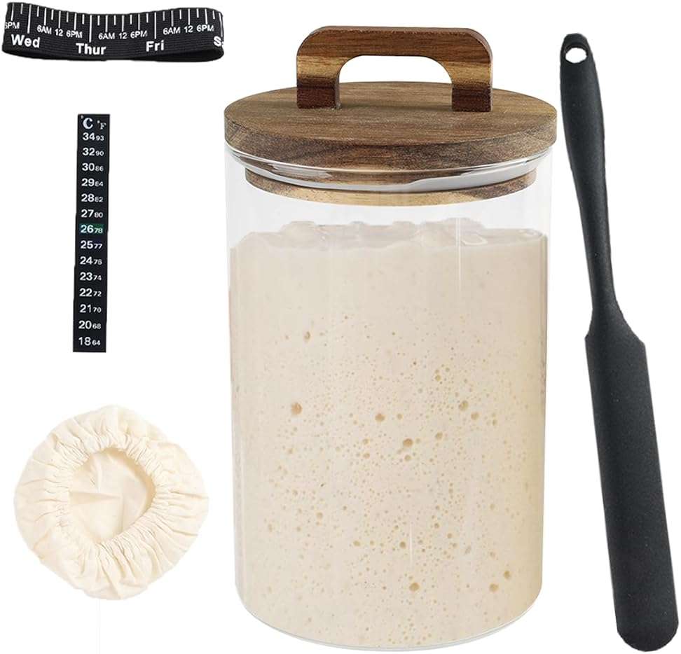 Yomjarl Sourdough Starter 35 Oz Jar,Glass Sourdough Bread Baking Supplies with Wooden Handle Lid,Sour Dough Bread Starter Jar Kit,Date Marked Feeding Band,Thermometer,Silicone Scraper,Sewn Cloth Cover - Image 1