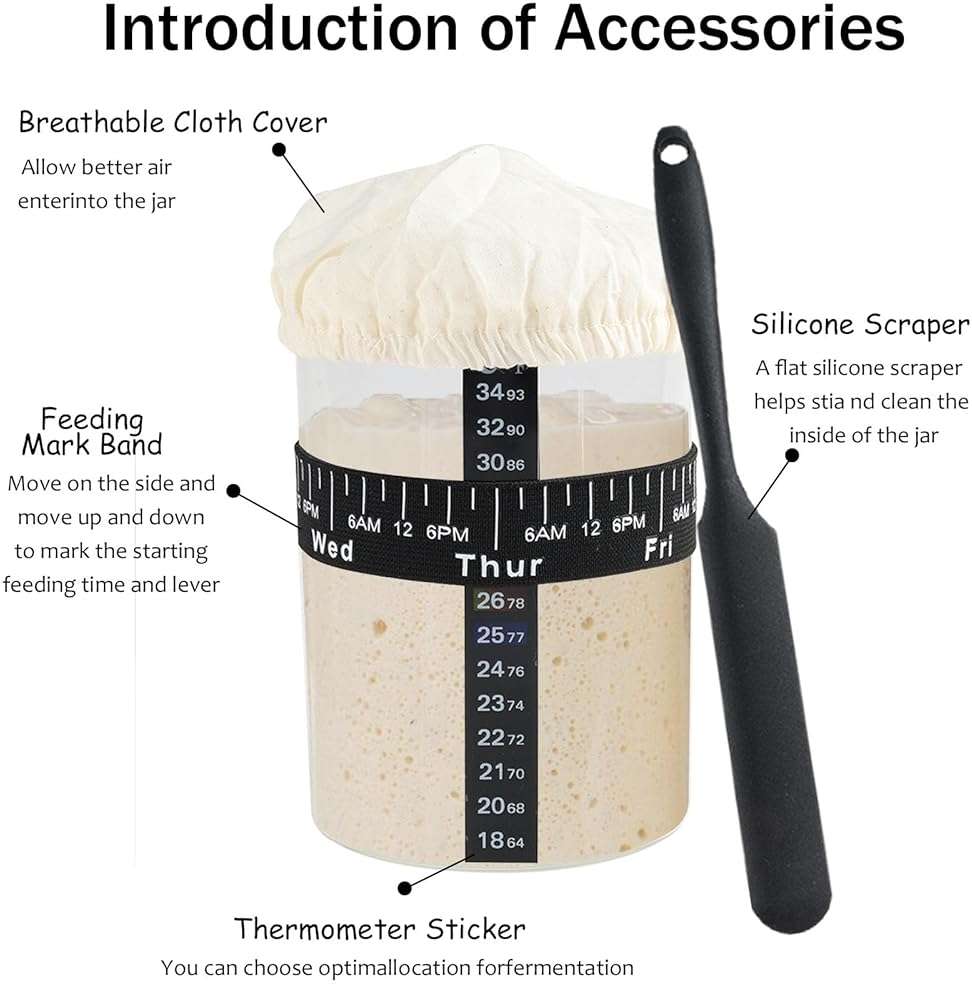 Yomjarl Sourdough Starter 35 Oz Jar,Glass Sourdough Bread Baking Supplies with Wooden Handle Lid,Sour Dough Bread Starter Jar Kit,Date Marked Feeding Band,Thermometer,Silicone Scraper,Sewn Cloth Cover - Image 4