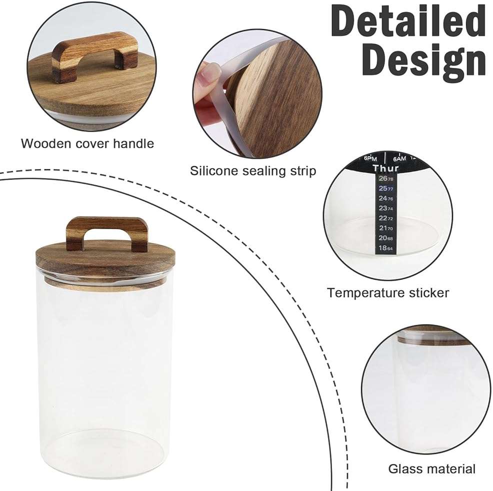Yomjarl Sourdough Starter 35 Oz Jar,Glass Sourdough Bread Baking Supplies with Wooden Handle Lid,Sour Dough Bread Starter Jar Kit,Date Marked Feeding Band,Thermometer,Silicone Scraper,Sewn Cloth Cover - Image 6