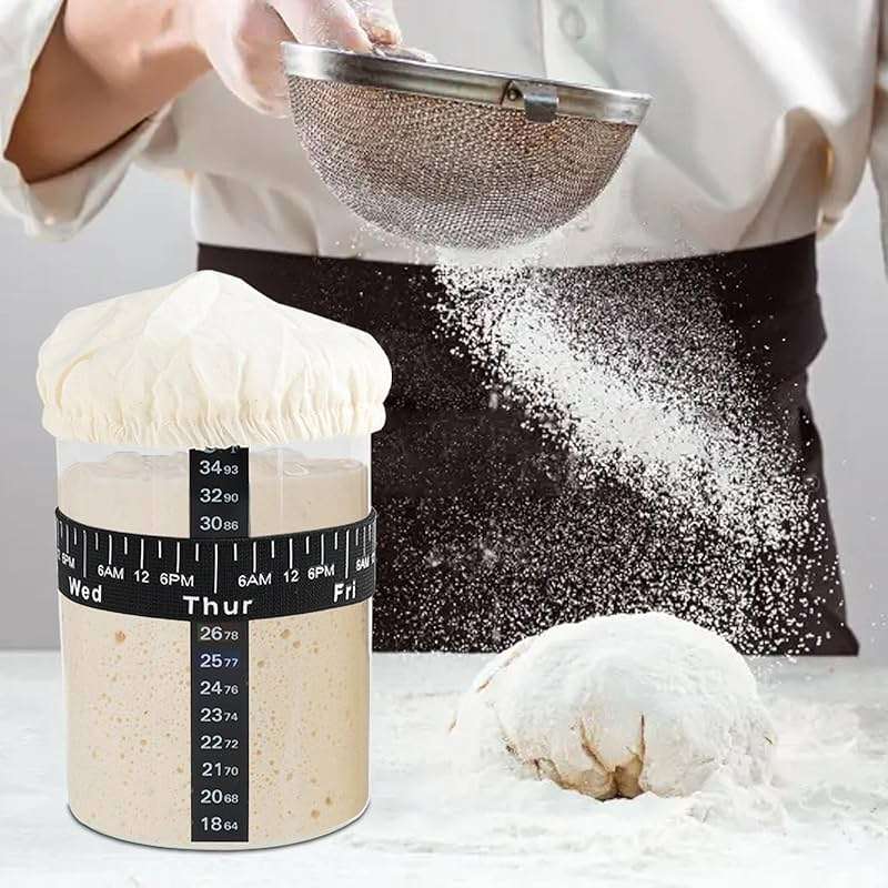 Yomjarl Sourdough Starter 35 Oz Jar,Glass Sourdough Bread Baking Supplies with Wooden Handle Lid,Sour Dough Bread Starter Jar Kit,Date Marked Feeding Band,Thermometer,Silicone Scraper,Sewn Cloth Cover - Image 7