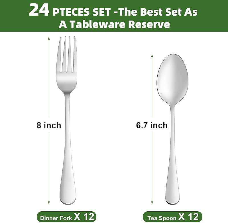 24 Pcs Forks and Spoons Silverware Set, Food Grade Stainless Steel Flatware Cutlery Set for Home, Kitchen and Restaurant, 12 Dinner Fork(8") and 12 Teaspoon(6.7"), Mirror Polished, Dishwasher Safe - Image 3