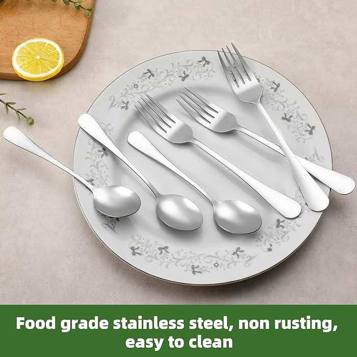 24 Pcs Forks and Spoons Silverware Set, Food Grade Stainless Steel Flatware Cutlery Set for Home, Kitchen and Restaurant, 12 Dinner Fork(8") and 12 Teaspoon(6.7"), Mirror Polished, Dishwasher Safe - Image 4