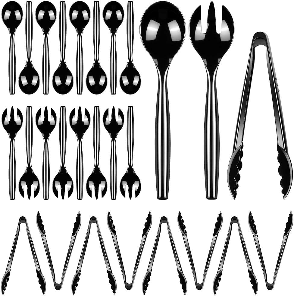 Dualshine 24 Pcs Disposable Black Plastic Serving Utensils,8 Set Including 9.72" Plastic Serving Spoons, Forks and 8.46" Tongs, for Dinner Parties, Buffets,Banquets, Events, Weddings, and Daily Use - Image 1