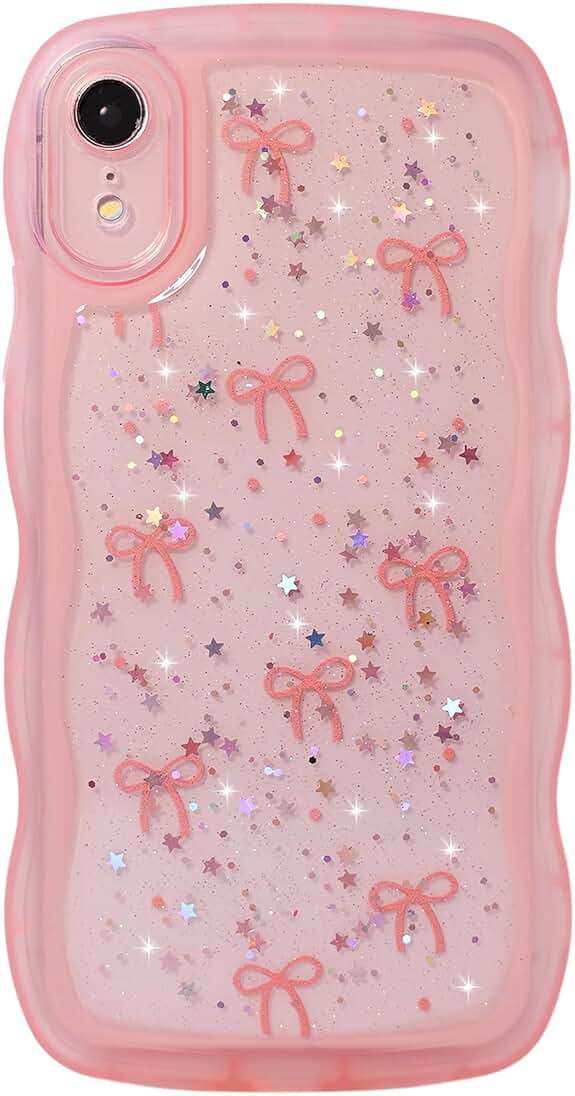 Qokey for iPhone XR Case, Glitter Star & Curved Edge Handle Grip Design, Military-Grade Shockproof Clear TPU Cover, Sparkle Protection Scratch-Resistant, Holographic Pink Bow - Image 1