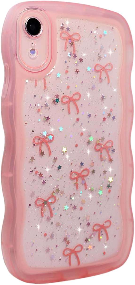 Qokey for iPhone XR Case, Glitter Star & Curved Edge Handle Grip Design, Military-Grade Shockproof Clear TPU Cover, Sparkle Protection Scratch-Resistant, Holographic Pink Bow - Image 3