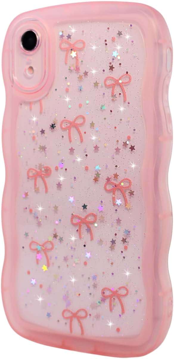 Qokey for iPhone XR Case, Glitter Star & Curved Edge Handle Grip Design, Military-Grade Shockproof Clear TPU Cover, Sparkle Protection Scratch-Resistant, Holographic Pink Bow - Image 4