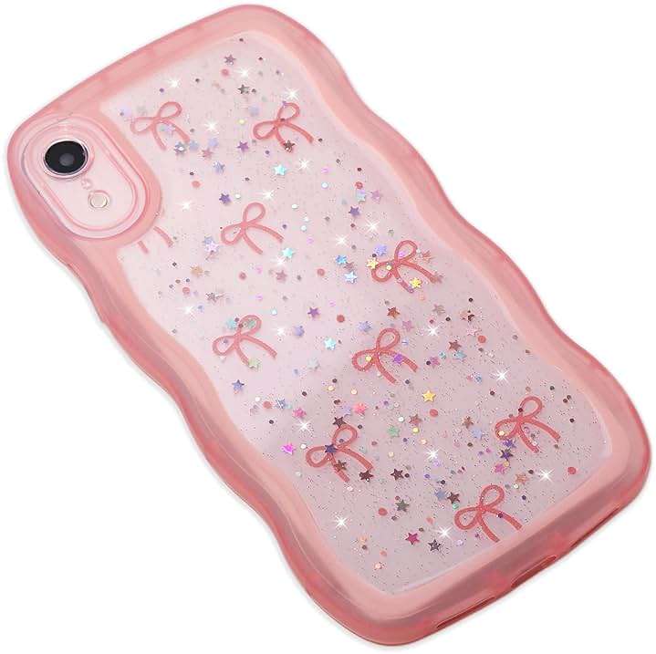 Qokey for iPhone XR Case, Glitter Star & Curved Edge Handle Grip Design, Military-Grade Shockproof Clear TPU Cover, Sparkle Protection Scratch-Resistant, Holographic Pink Bow - Image 5