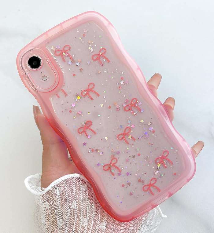 Qokey for iPhone XR Case, Glitter Star & Curved Edge Handle Grip Design, Military-Grade Shockproof Clear TPU Cover, Sparkle Protection Scratch-Resistant, Holographic Pink Bow - Image 7