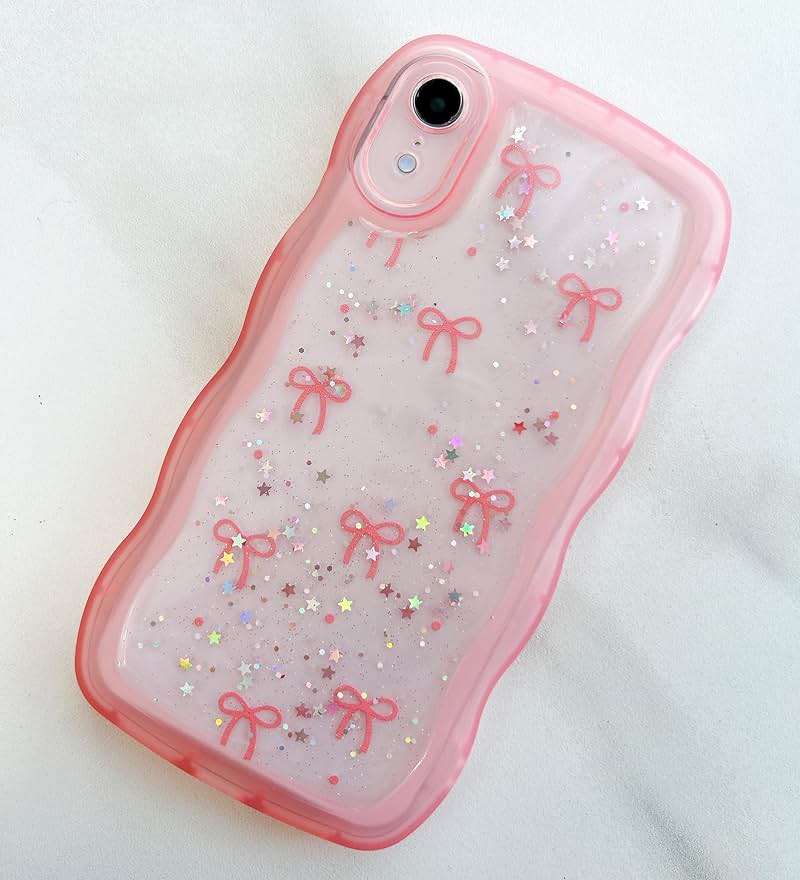 Qokey for iPhone XR Case, Glitter Star & Curved Edge Handle Grip Design, Military-Grade Shockproof Clear TPU Cover, Sparkle Protection Scratch-Resistant, Holographic Pink Bow - Image 8